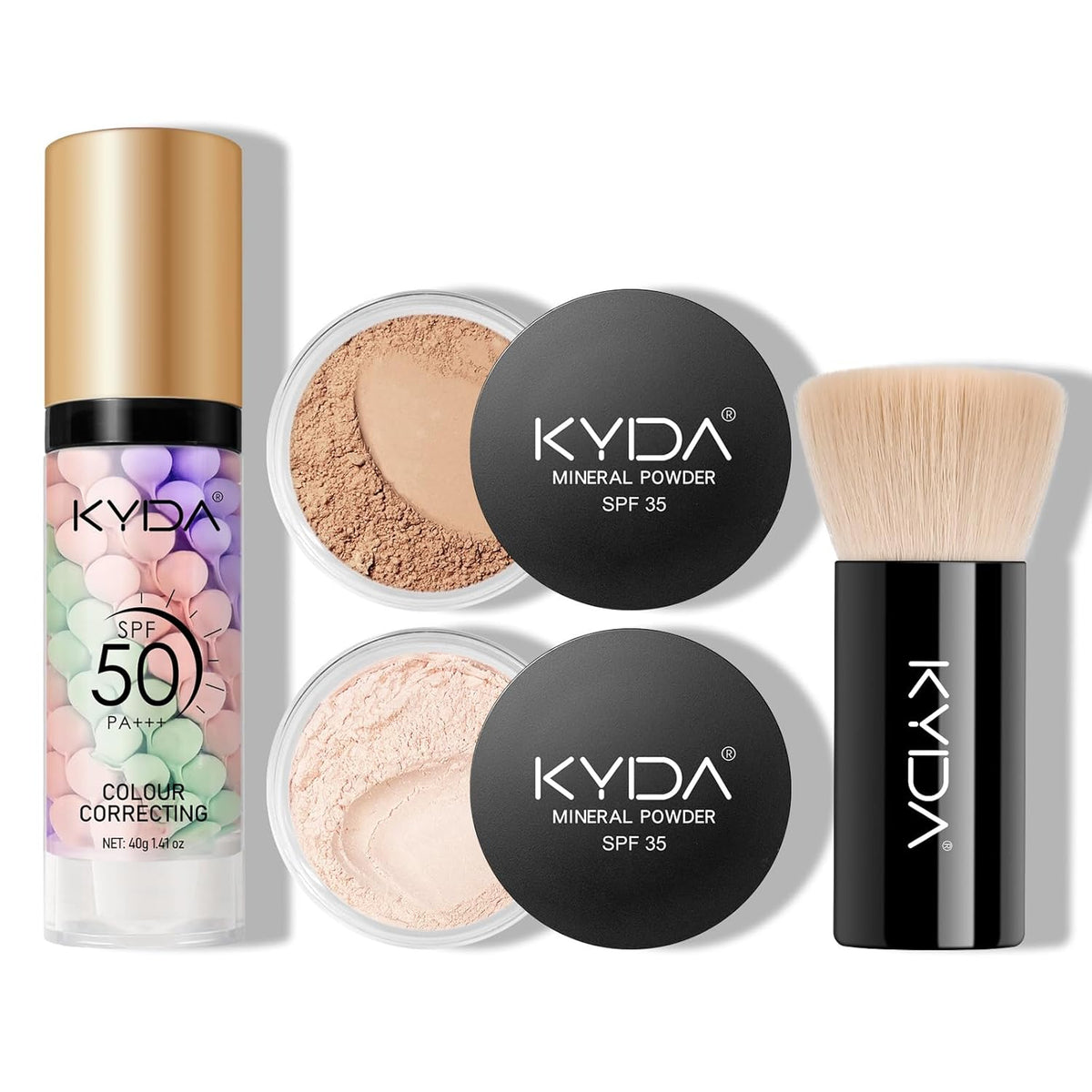 KYDA Mineral Makeup Kit, Includes SPF 50 Color Correcting Primer, SPF 35 Loose Powder Foundation + Translucent Loose Setting Powder, Foundation Brush, Makeup Starter Set, Travel Size - Medium Beige