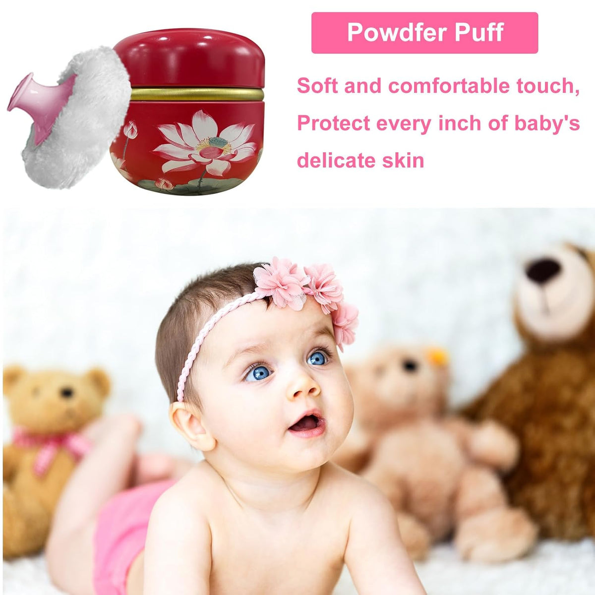 Body Powder Puff and Container for Dusting Powder, Women Powder Puff and Powder Case for Bath and Travel (Lotus Red)