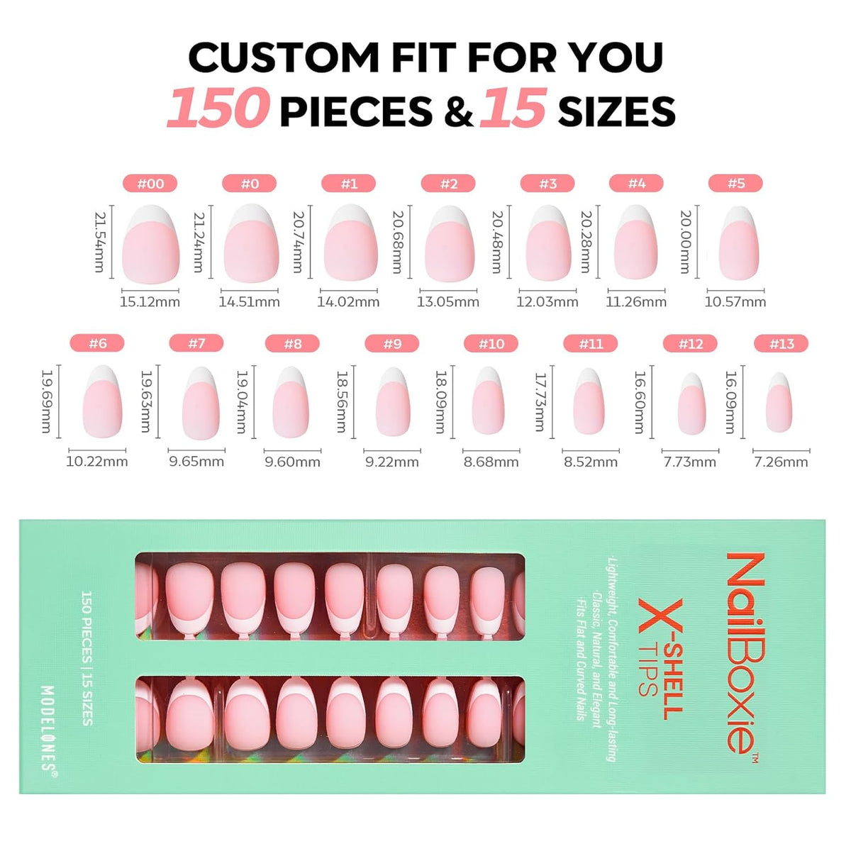 modelones French Tip Press on Nails, 150Pcs Short Almond Fake Nails with Nail Box, Pink Gel Nail Tips for Women, Soft Glue-On Nails for Natural Salon Look, DIY Nail Art Kit (15 Sizes)