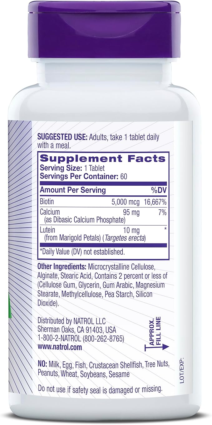 Natrol Beauty Biotin Plus Lutein 5,000 mcg, Dietary Supplement to Support Healthy Hair, Skin and Nails, 60 Beauty Tablets for Adults, 60 Day Supply