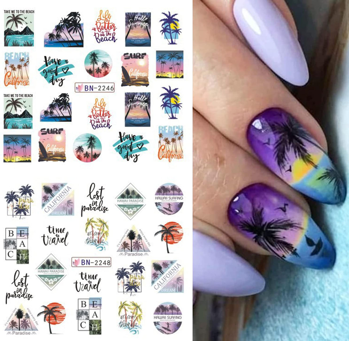 Summer Nail Art Stickers Water Transfer Summer Nail Decals for Nails Art Supplies Coconut Tree Ocean Beach Tropical Style Design Acrylic Nail Stickers for Women DIY Nail Art Accessories 12 Sheets