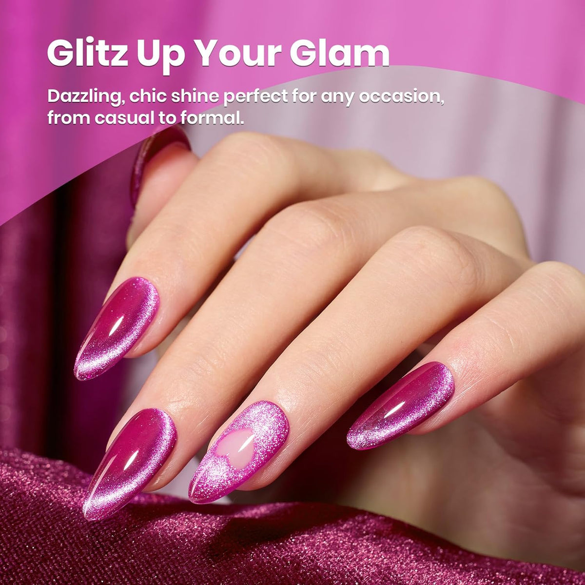 Beetles Hot Pink Gel Nail Polish - 15ML Summer Hot Pink Cat Eye Glitter Gel Polish with Magnet Soak Off UV Shimmer Velvet Gel Berry Stardust Series French Nail Art Manicure Gifts for Women
