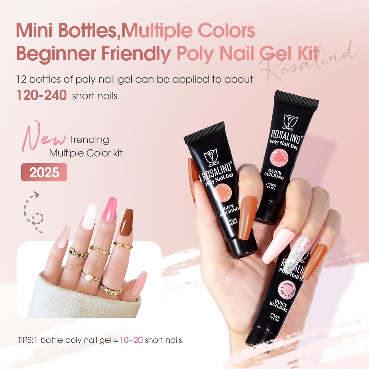 ROSALIND 12PCS Pink Brown Poly Nail Gel Kit with Mini Nail Lamp White Glitter Pink Poly Extension Gel Set