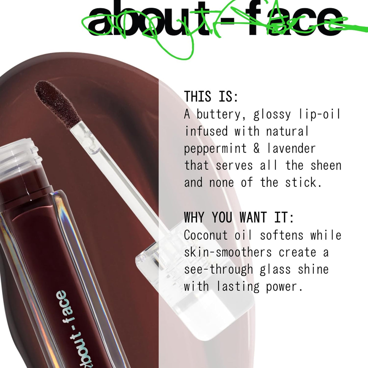 about-face Light Lock Lip Gloss Play Hooky – Non-Sticky, High-Shine Lip Oil Gloss with Coconut Oil, Peppermint & Lavender – Vegan, Cruelty-Free, Clean Beauty – 0.21 oz (Plum Brown)