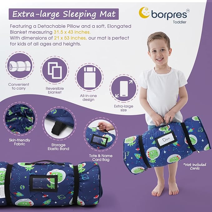 Nap Mat with Pillow Blanket Set: Sleeping Mats for Toddler Kids - Thick Large Roll up Slumber Bag for Daycare Preschool Kindergarten Boys Girls