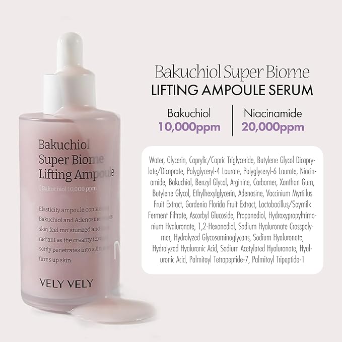 VELY VELY Bakuchiol Super Biome Lifting Ampoule Serum - Age-Defying Hydrating Firming Pore Serum Ampoule Korean Skin Care - Hypoallergenic Bakuchiol Oil Face Moisturizer w/Niacinamide (3.38 fl oz)
