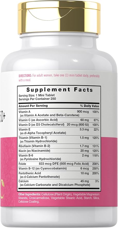Carlyle Multivitamin for Women 50 and Over | 250 Mini Tablets | Iron Free Supplement | with B12, D3, and Calcium | Non-GMO, Gluten Free