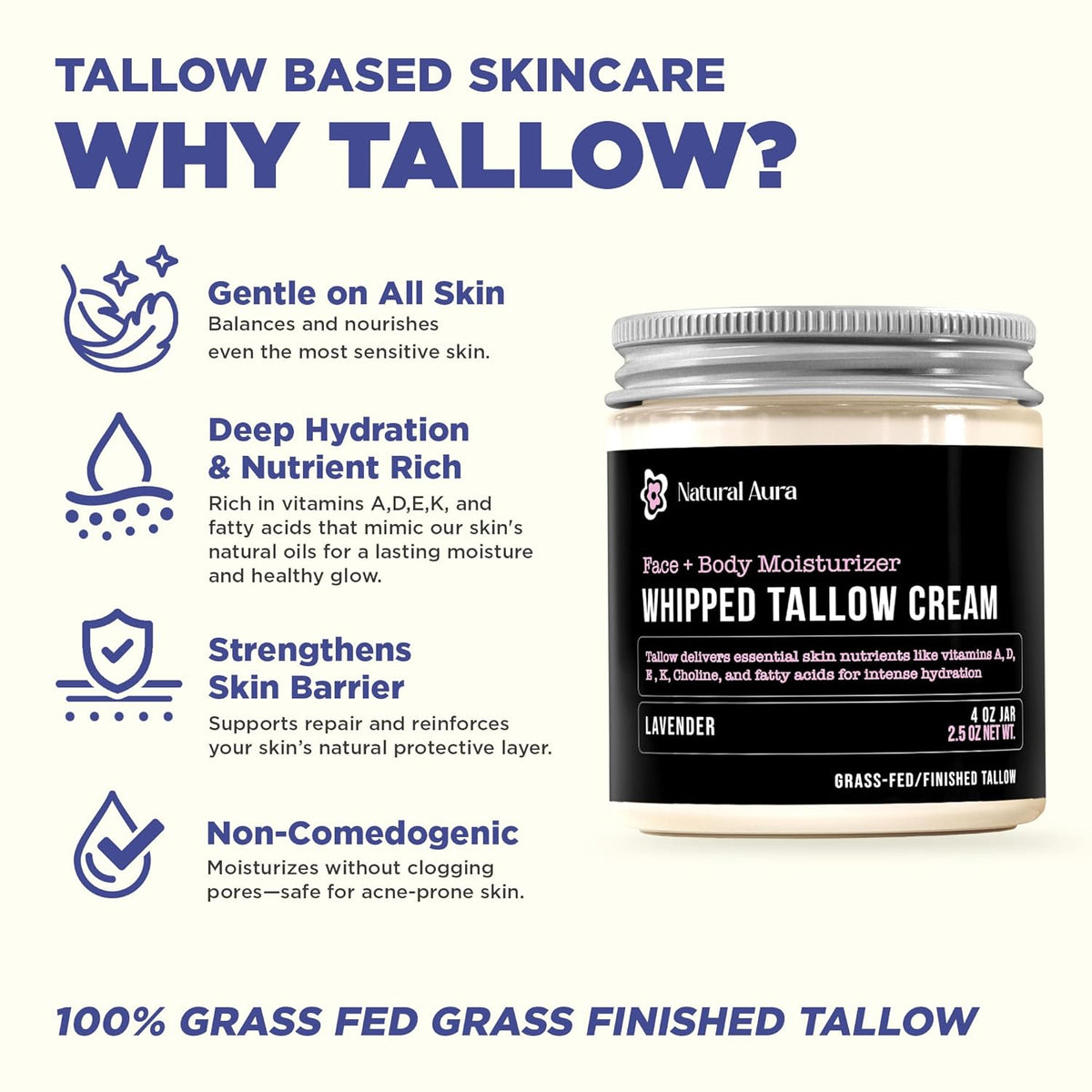 Whipped Beef Tallow for Skin - Face + Body Moisturizer, 100% Grass Fed Grass Finished Tallow and Honey Balm for Dry Skin - Natural Lotion - Free of Harsh Chemicals - 4oz, (Lavender)