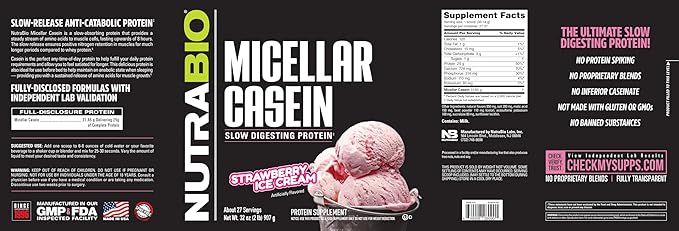 NutraBio Micellar Casein Protein Powder-Casein Protein Powder Strawberry- Slow Digesting - Muscle Growth - Essential Amino Acids - Non-GMO - Gluten & Soy Free-2 lbs Strawberry Ice Cream