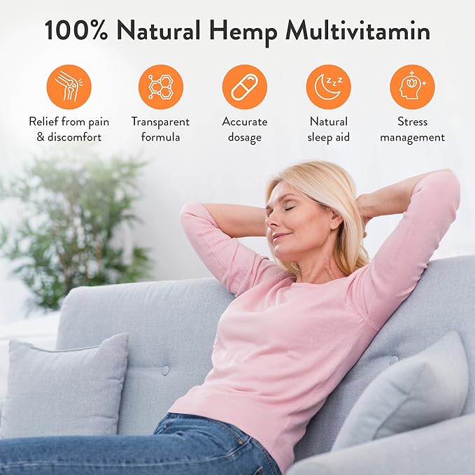 Natural Hemp Multivitamin Gummies for Pain, Sleep and Stress Relief, No Harmful Dyes, Transparent Hemp Oil Dosage, Non-Habit Forming, Natural Alternative - Gluten-Free, Non-GMO - 30 Servings