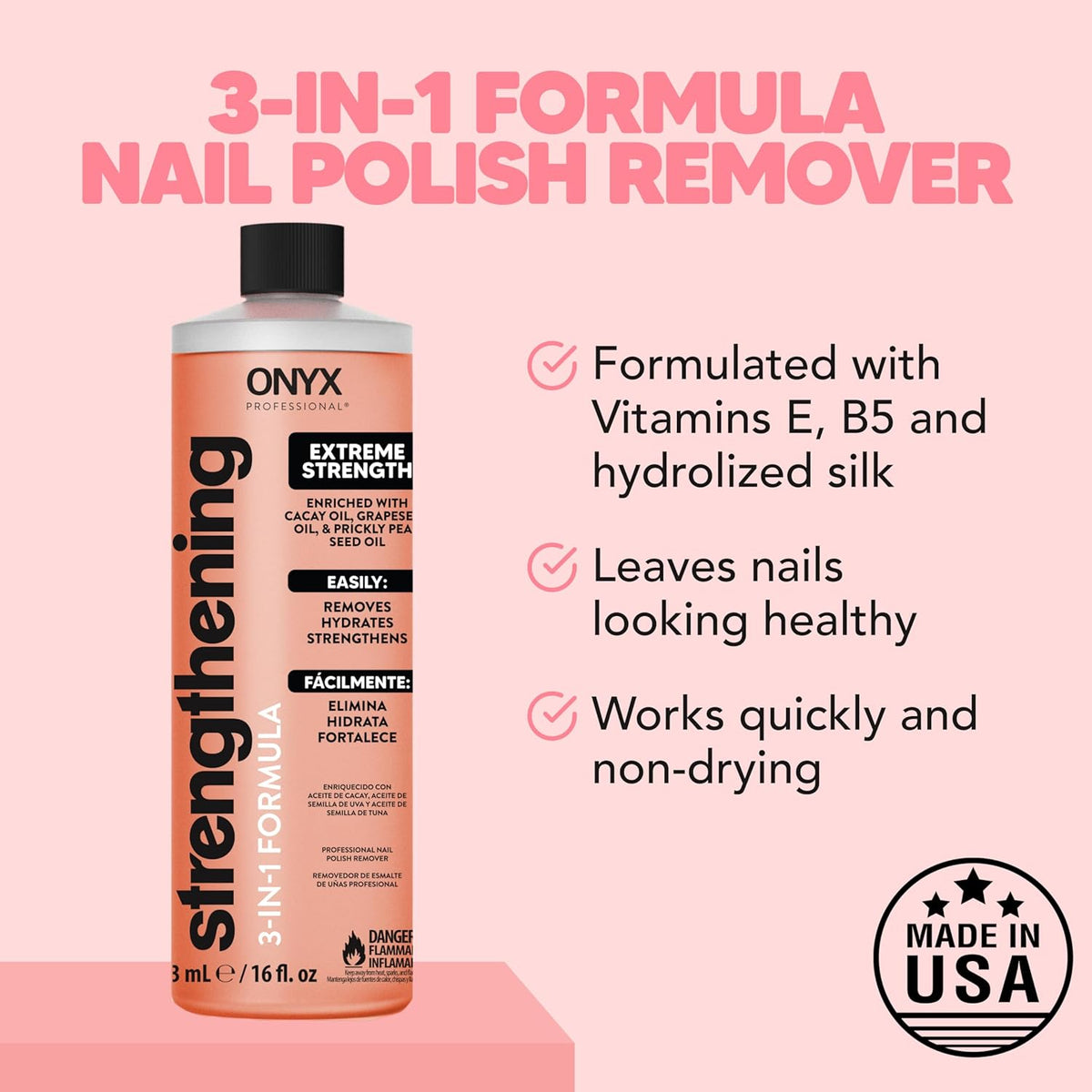 Onyx Professional 3-in-1 Strengthening Nail Polish Remover with 7 inch Nail File, 16 fl oz - Removes Nail Polish, Hydrates, Strengthens Nails | Infused with Grapeseed Oil, Cacay Oil, Cactus Seed Oil