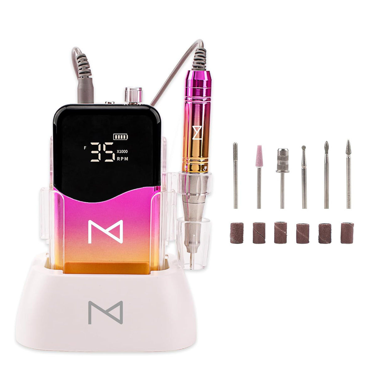 M Mase- Professional Nail Drill Machine - Coreless 2-in-1 Nail File - Electric, Cordless, 35000 RPM, HD Display - Electric Nail Drill for Professional & Home Use (Pink Gold)