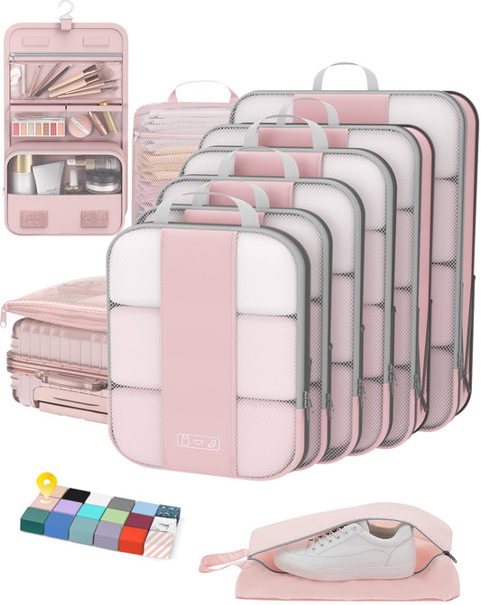 10 Set Compression Packing Cubes for Travel Essentials Women Mom,Compressible Expandable Packing Cubes for Suitcase,OlarHike Luggage Organizer Bags for Travel,Handy Helper for Organizing Clothes(Pink)