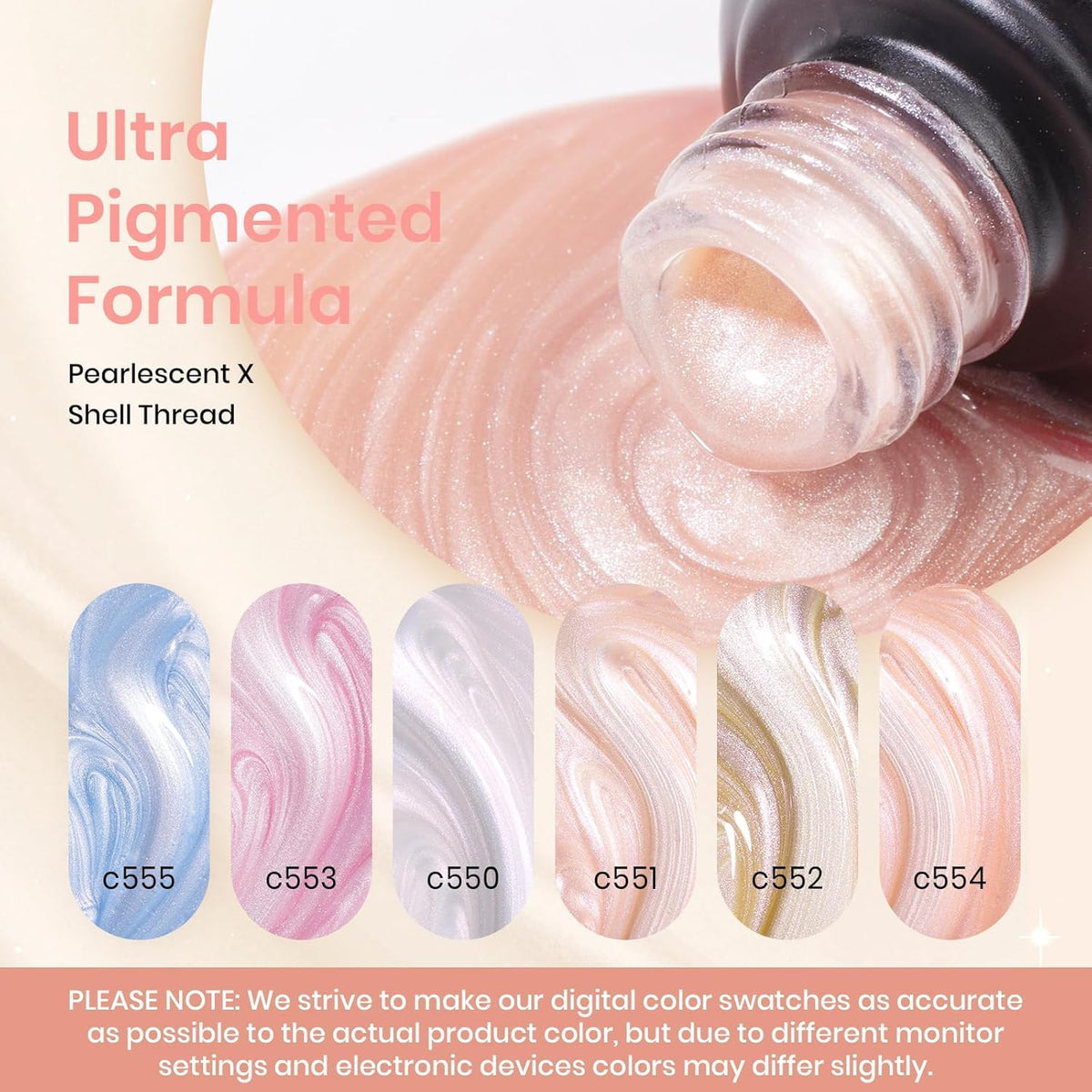 Beetles Pearl Gel Nail Polish – Glitter Silk 6 Colors Gel Polish Set, Pastel Pink White Orange Blue Colors Shimmer Mermaid Shell Swirl Thread Effect Soak Off UV LED Gift for Women