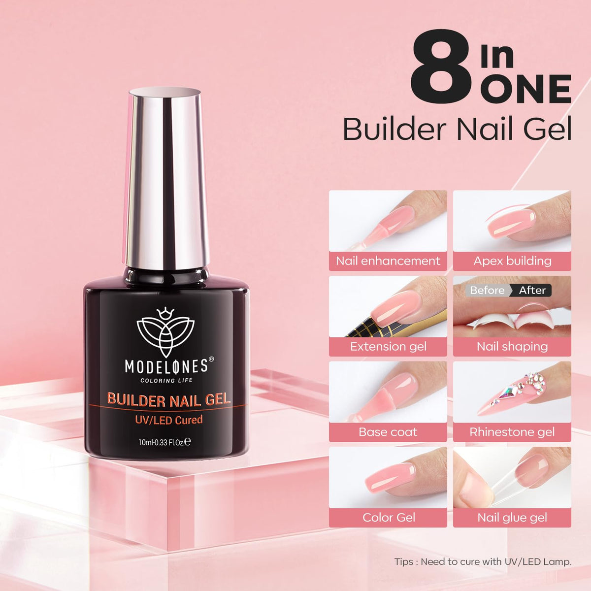 modelones Builder Nail Gel, 8-in-One Jelly Pink Builder, Peachy Pink Rubber Base Gel Polish, LED Lamp Cured Nude Color Base Hardener, Apex Building Strengthener Extension for Girls Home DIY Salon
