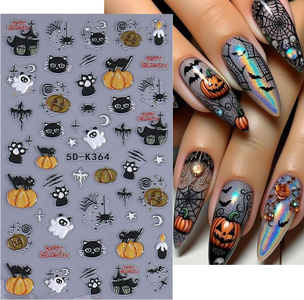 2Sheet Halloween Nail Art Stickers 5D Relief Cartoon Ghost Cat Dark Self-Adhesive Sticker Nail Decals Cute Ghost Pumpkin Pattern Nail Art Slider DIY for Women Girl Cute Halloween Nail Decoration