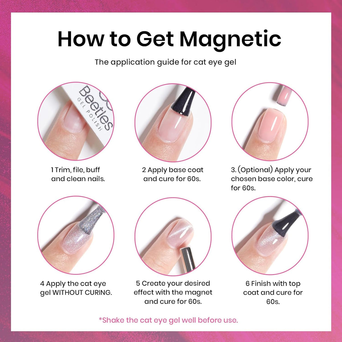 Beetles Pink Cat Eye Gel Nail Polish - 15ml Pink Velvet Cat Eye Magnetic Glitter Gel Polish Soak Off UV Salon DIY French Nail Art Home Manicure Gift for Women