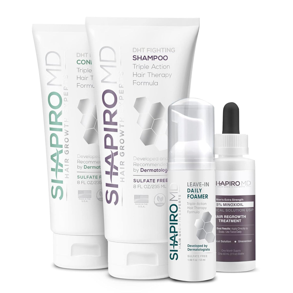 Shapiro MD Hair Growth Experts Men's Regrowth Kit Plus: Shampoo, Conditioner, 5% Minoxidil, Leave-In Foam, Complete Anti Hair Loss and Thinning Hair Solution for Men, 1 Month Supply