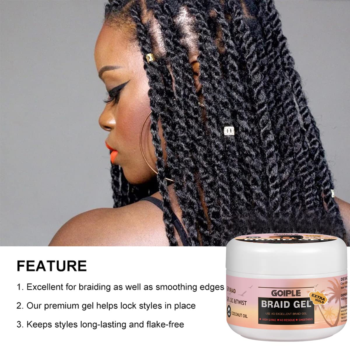 Braid Gel Good for Twist, Locs, Braids, Edge No Flake Extra Hold High Shine Braiding Gel & Edge Control, Loc Gel Long Lasting for Locks, Cornrows Smooths & Tames Frizz 8.8oz (Strawberry Flover)