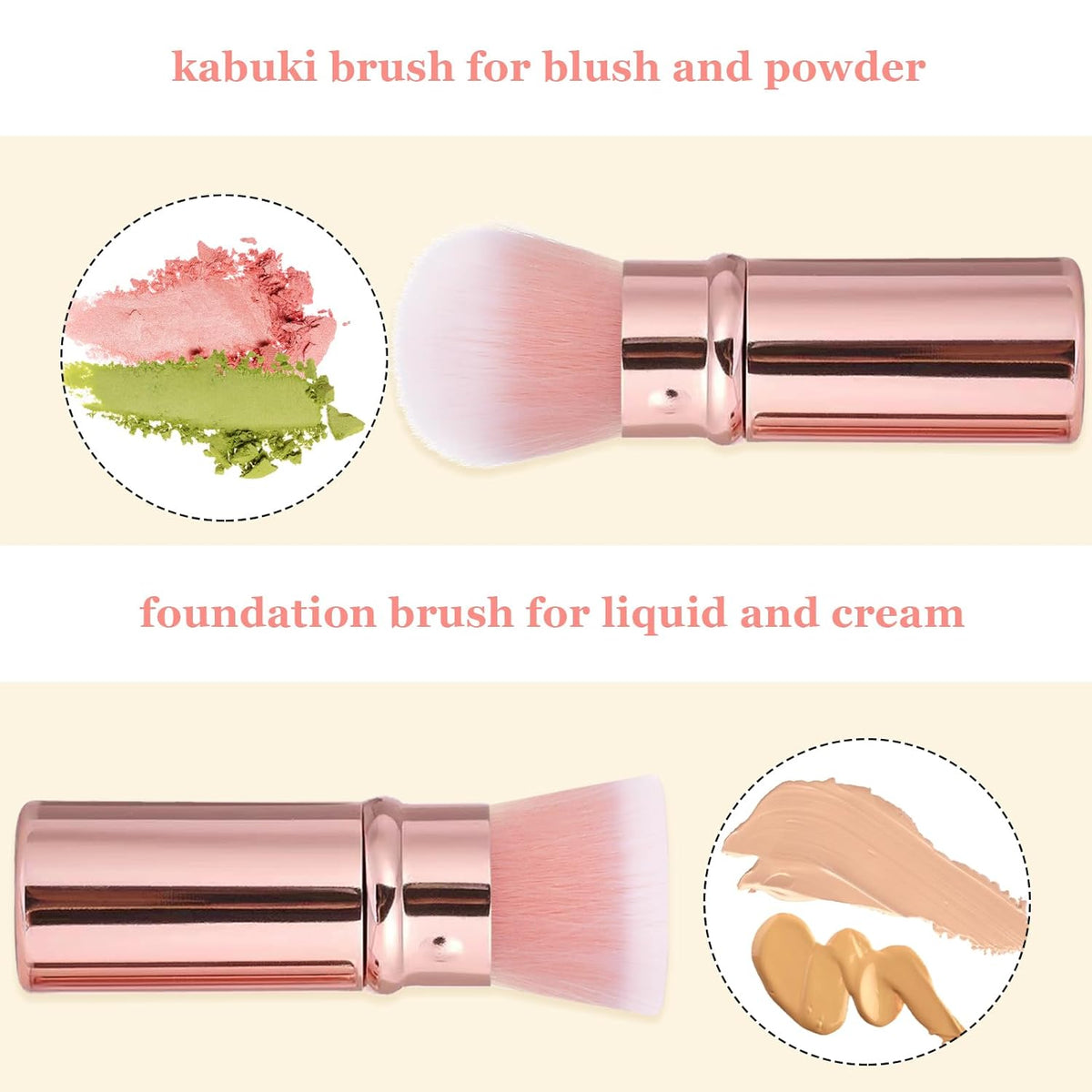 Makeup Brush 2 Pack, Retractable Travel Kabuki Powder Foundation Makeup Brush Face Blush Brushes for Blending Liquid, Blush, Bronzer, Buffing, Sunscreen,Flawless Cosmetics