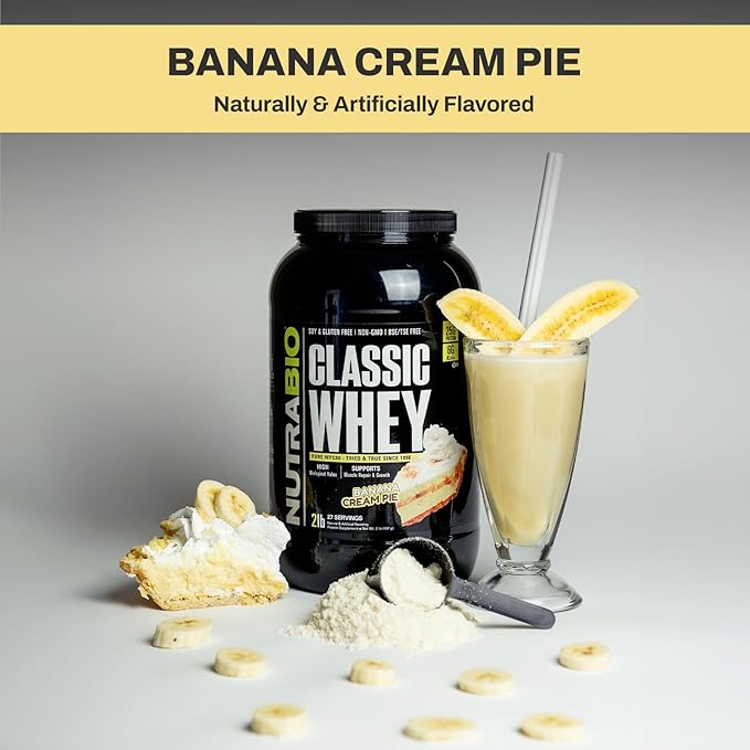 NutraBio Classic Whey Protein Powder- 25G Protein Per Scoop - Full-Spectrum Amino Acid Profile - No Fillers, Artificial Colors, Preservatives - (Banana Cream Pie, 2 Pounds)