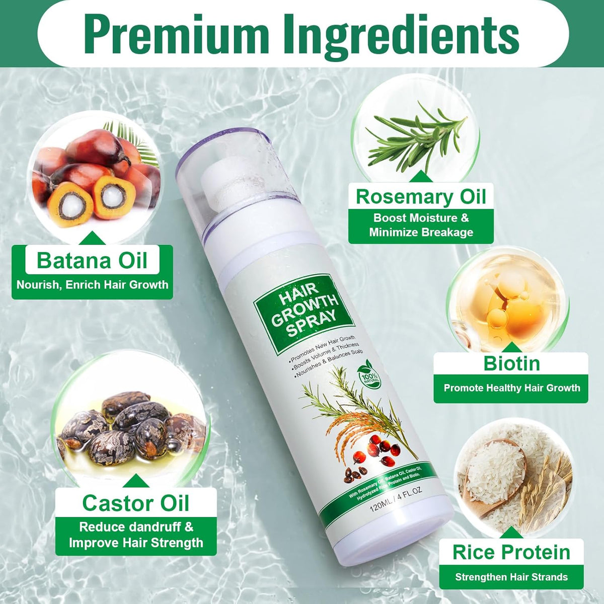 Hair Growth Serum Spray, 2 Pack Natural Hair Growth Spray With Biotin, Batana, Rosemary, and Castor Oil, Caffeine Ginseng Support Scalp Care Treatment, Thinning Hair Regrowth Thickening, Reduce damage