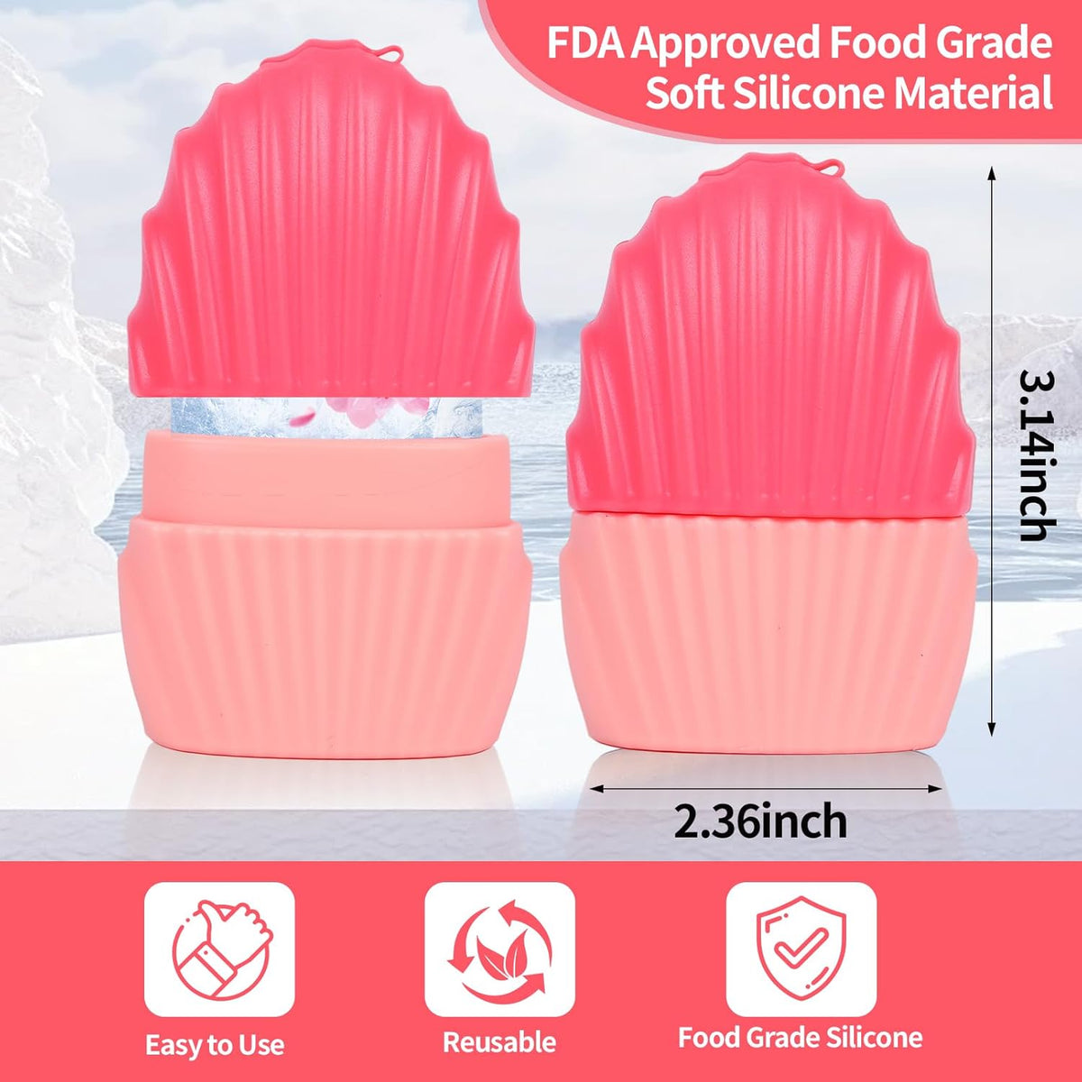 Ice Cube Roller for Face,Eyes and Neck,Reusable Silicone Ice Mold Mermaid Shell Shape for Shrink Pores Anti Wrinkle and Skin Beauty Care,Reduce Migraine Pain,Gua Sha Face Massage Tools (Pink)