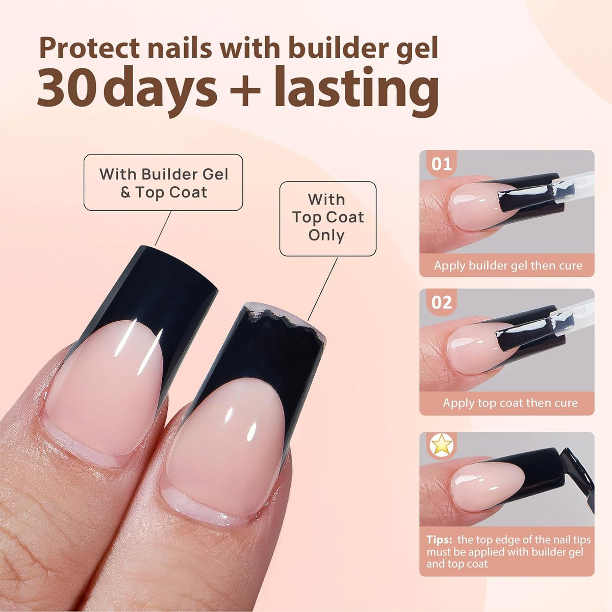 BTArtboxnails XCOATTIPS Black Press on Nails - French Tip Press on Nails Long Coffin Nail Tips, Soak Off Acrylic Gel Fake Nails Art Extension