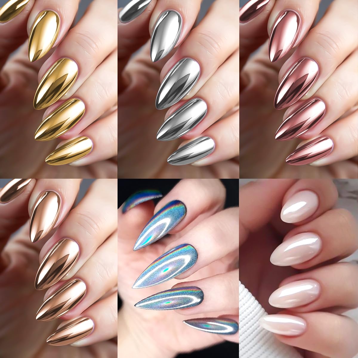 Chrome Nail Powder and 3D Nail Gel Kit, Metallic Mirror Glitter Effect Chrome Powder For Nail Art, Holographic Aurora Iridescent Dip Dust Pigment and 10g Sculpting Gel Set for Nail Decor DIY