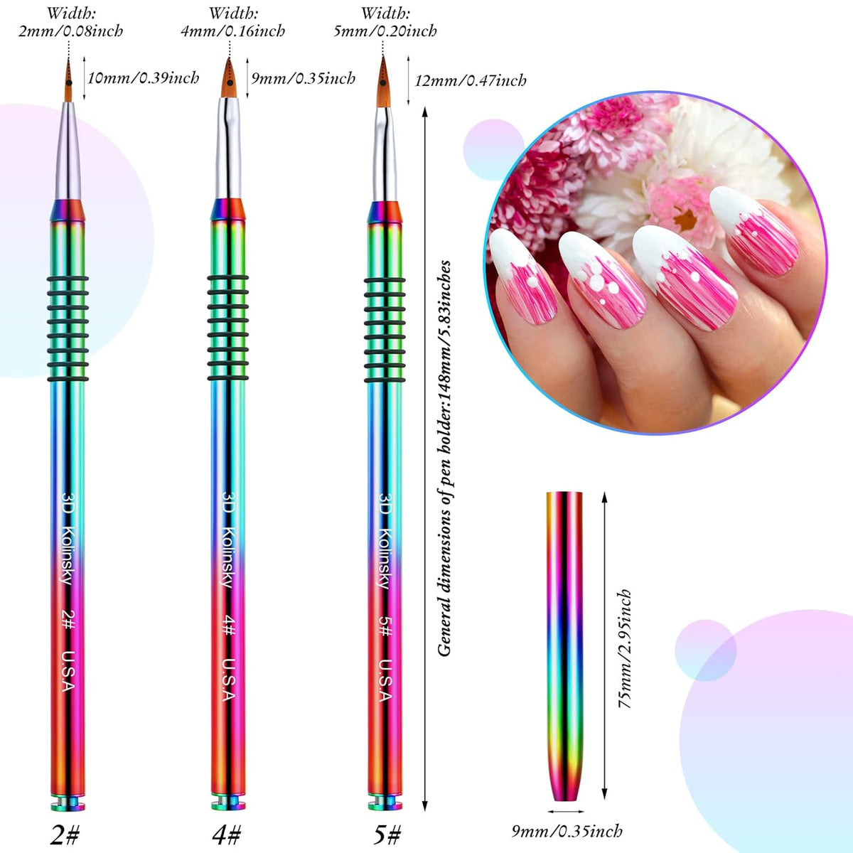 Patelai 3 Pcs Kolinsky 3D Nail Art Brush Set for Acrylic Powder Sculpture Nail Art Brush Size 2/4/5 with Rainbow Metal Nonslip Grip Handle for Acrylic Powder Application