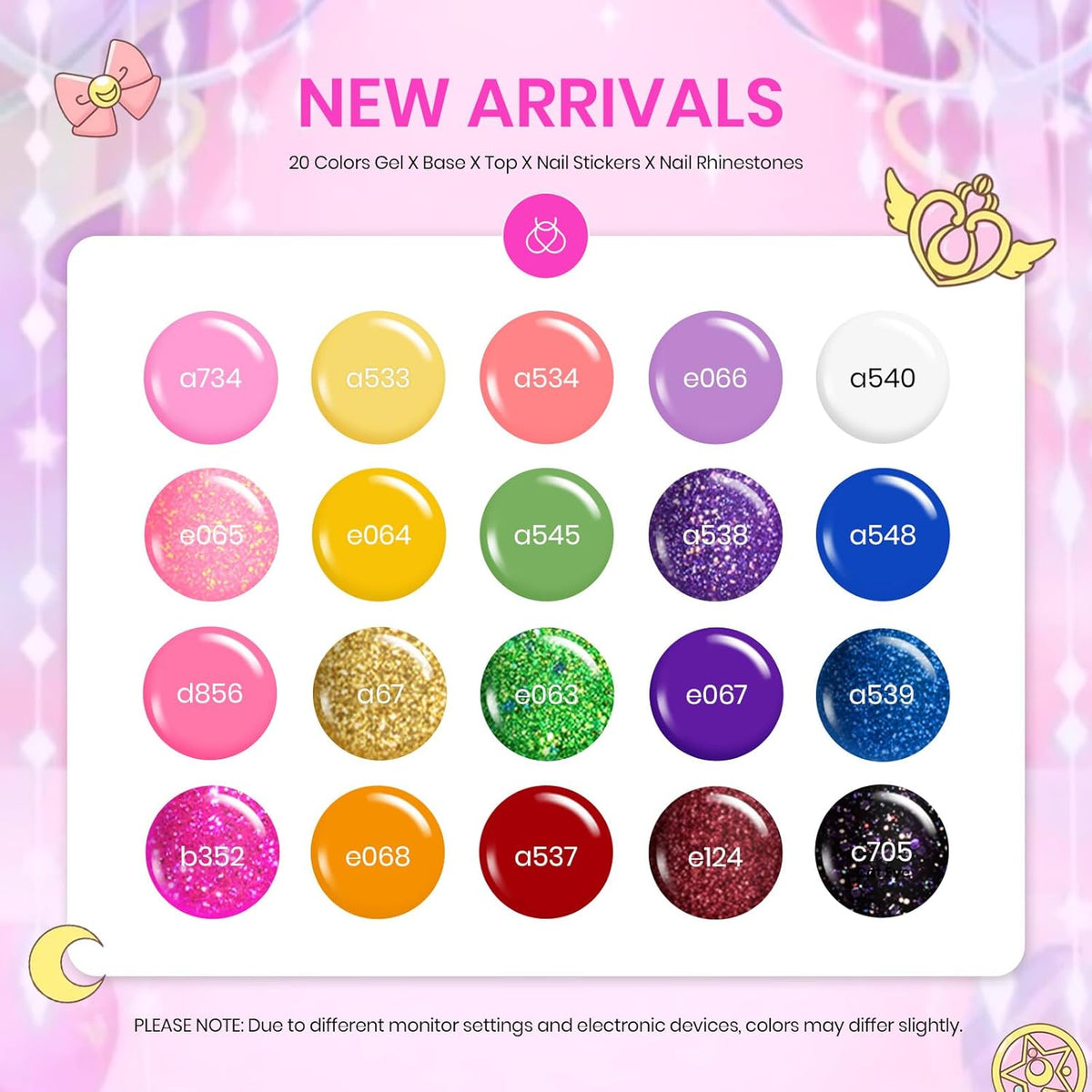 Beetles Gel Nail Polish Set - 20 Colors Pink White Black Yellow Red Glitter Gel Polish Kit with Nail Stickers Nail Rhinestones 3Pcs Base Top Coat Gift for Women Girls
