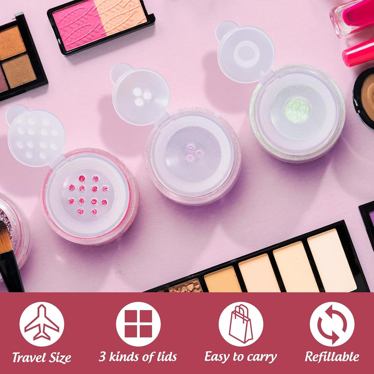 RAYNAG 6 Pieces Mini Empty Loose Powder Bottle Travel Cosmetic Glitter Powder Eye Shadow Shaker Bottle with Sifter and Lids (3 Style)