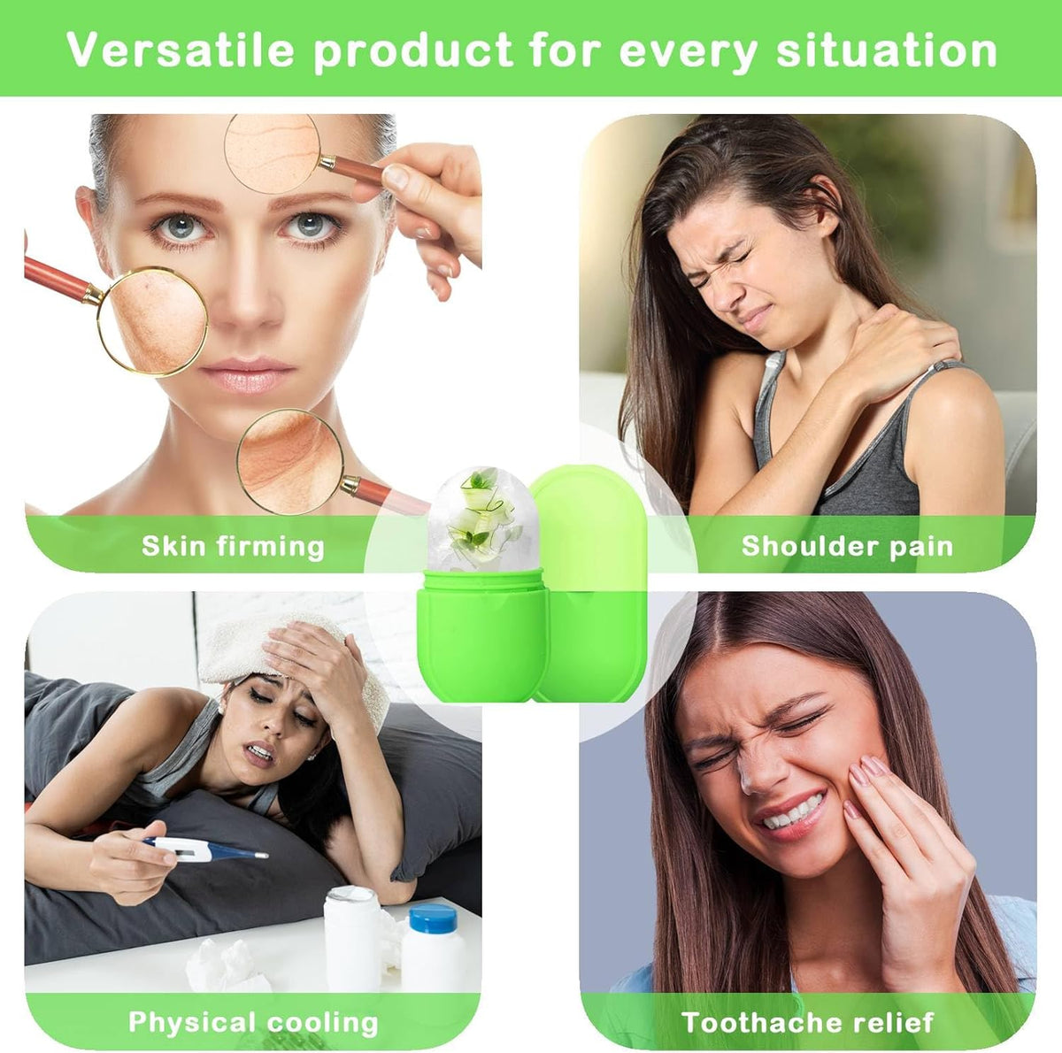 KOGITI Face Ice Roller & Mold - Beauty Facial Massage Tool for Puffiness Relief, Ice Cube Holder (New-Green)