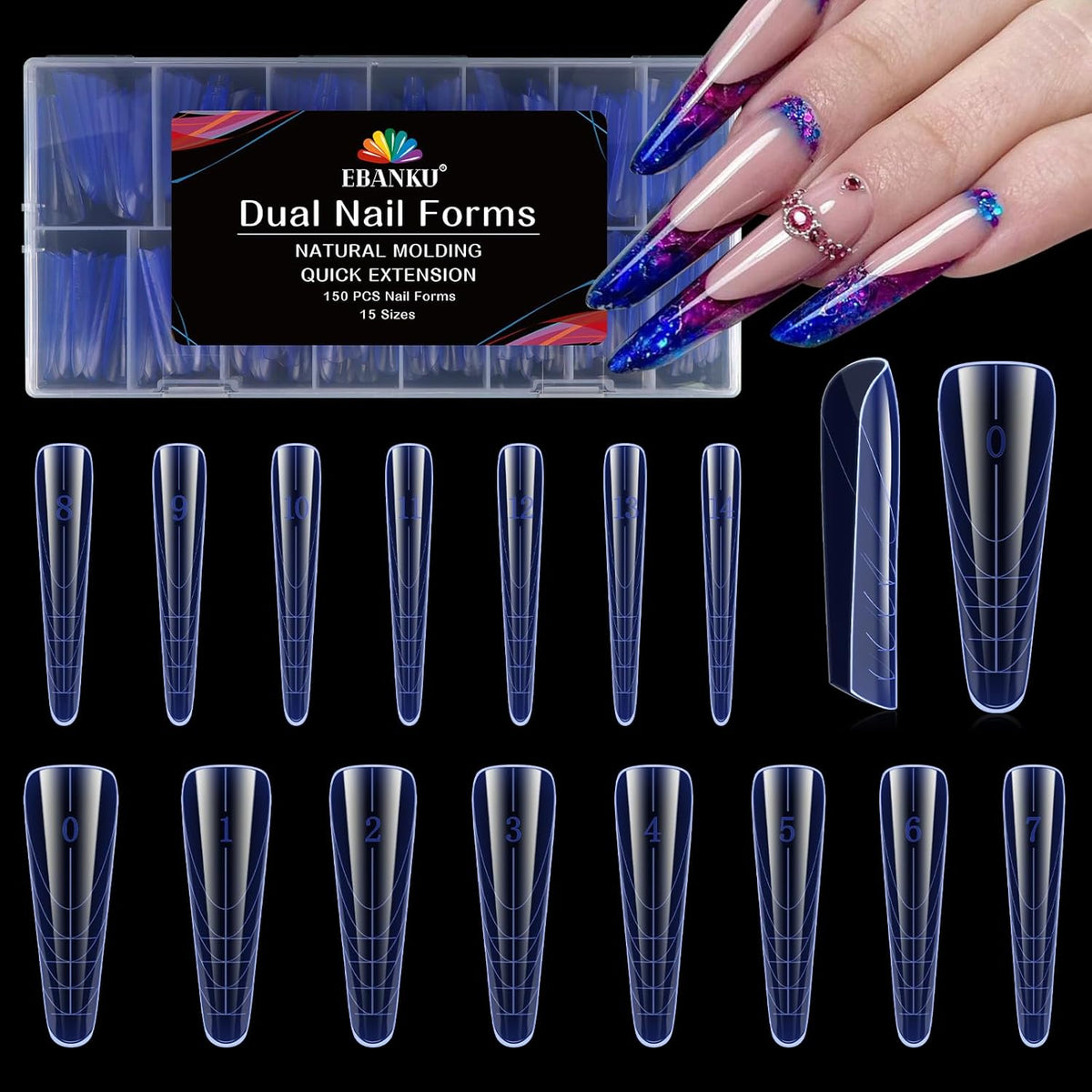 EBANKU 150Pcs Dual Nail Forms, Blue Poly Gel Nail Molds Square Full Cover Coffin Nail Tips Extension Forms for Gel Manicure Nail Art Design Salon&DIY-15 Sizes