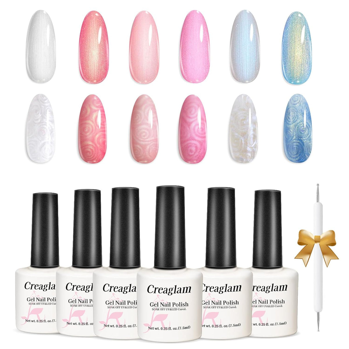 Mermaid Gel Nail Polish Set: 6 Colors - Pastel Pink, White, Orange, Blue, Pearl Gel with Swirl Shell Design - Uv Led Summer Nail Gel Polish DIY Swirl Shell Thread Effect for Girls