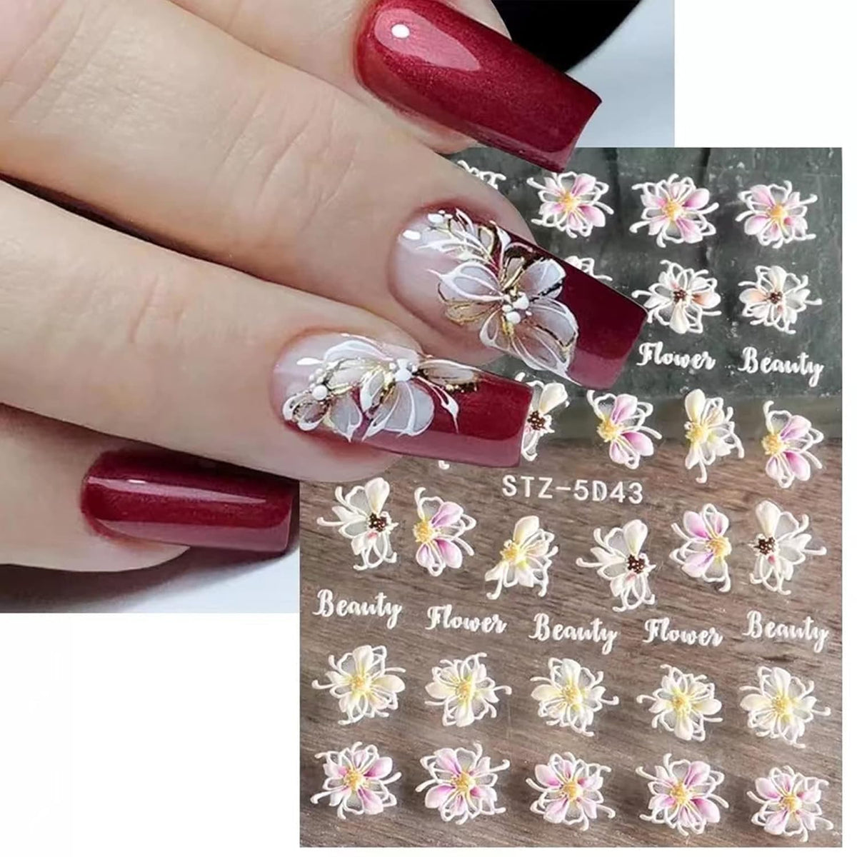 6 Sheets White Flower Nail Art Stickers Decals 5D Embossed Nail Decals Spring Winter Nails Art Self-Adhesive Supplies Accessories 3D Flower Stickers for Women Nails Design Decoration