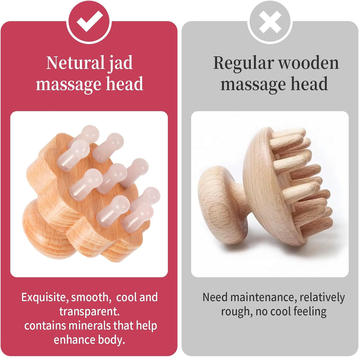 Natual Jade Massage Head, with Wooden Hander Comb,for Scalp Massager, Head Ficial, Body Acupressure Tool,gua sha Scraping, Relieve Fatigue,Stress Relax Device,for Hair Growth (Pink)