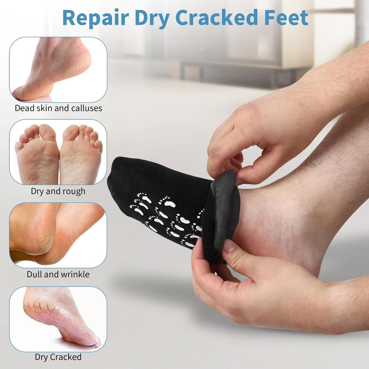 11" Large Silicone Moisturizing Socks for Men - 2 Pairs Soft Foot Care Socks - Feet Moisturizing Socks for Dry Cracked Feet (Size L)