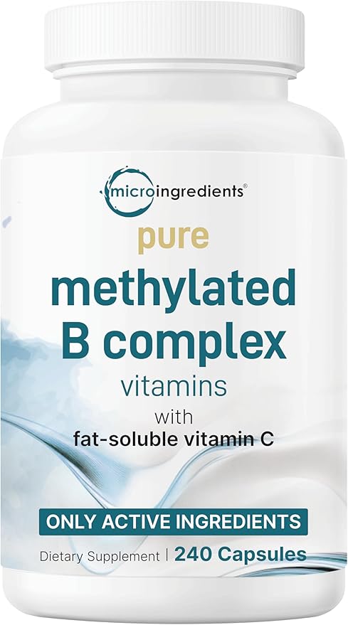 Pure Methylated B Complex for Women & Men | 240 Capsules with High Absorption Vitamin C | 11-in-1 with Vitamins B12, Thiamin, Folate + Inositol, Choline & More | Only Active Ingredients | Filler Free