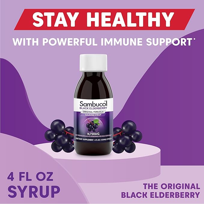 Sambucol Black Elderberry Syrup - Sambucus Elderberry Syrup, Black Elderberry Liquid, Immune Support, Elderberry Syrup for Kids and Adults, High Antioxidants, Gluten Free - Original Formula, 4 Fl Oz