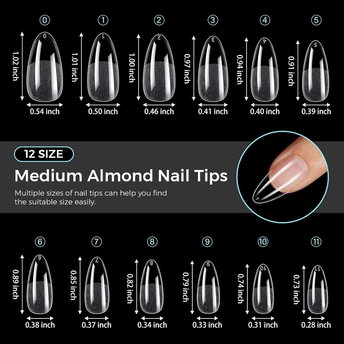 TOMICCA Nail Tips Medium Almond Nail Tips 240Pcs Clear Acrylic Nails Pre-shape Gel Nails for Nail Extension False Nail Tips 12 Sizes
