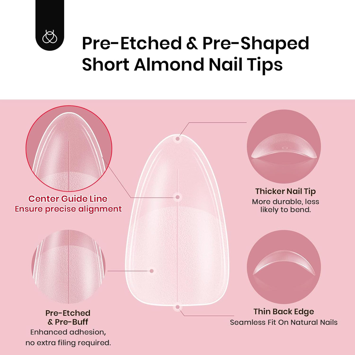 Beetles Short Almond Nail Tips - 288PCS 12 Sizes Full Matte Cover Pre-Etched & Pre-Shaped False Nails Soft Gel Nail Tips Acrylic Nail Tips Nail Extension Tips for Gel Polish DIY Manicure
