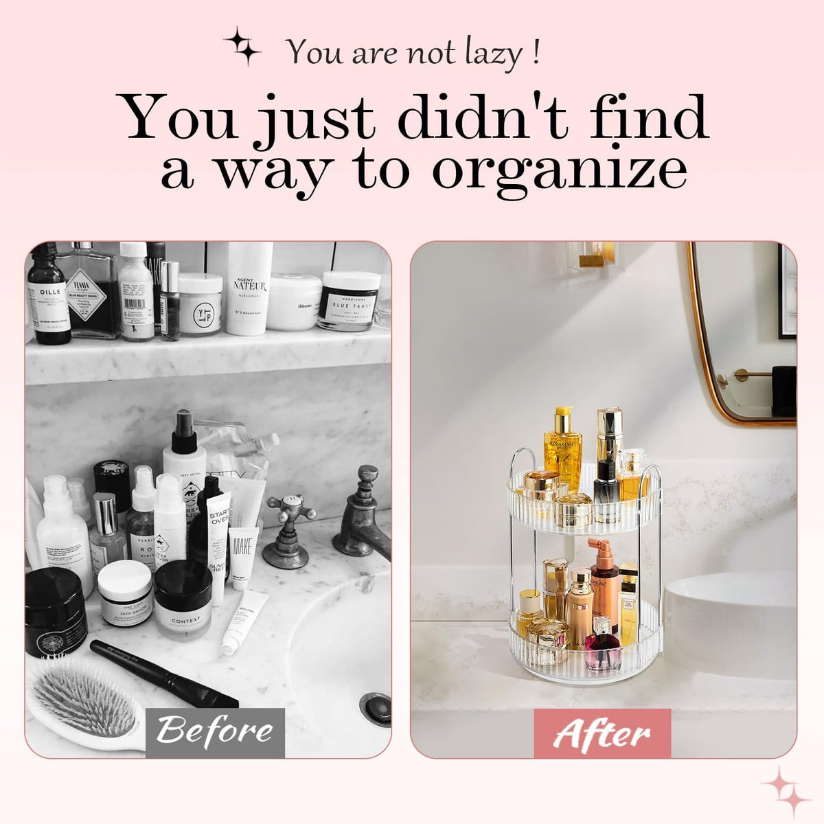 Rotating Makeup Organizer, 360° Spinning Makeup Storage Holder Rack, Dresser Bathroom Organizer Countertop, Large Capacity Perfume Skincare Lipstick Organizer for Vanity.(2 Tiers, Transparent)
