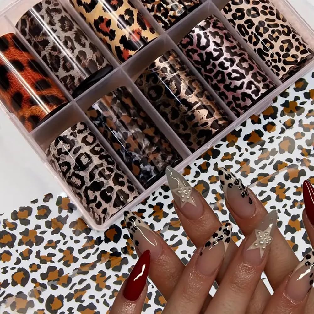 10 Rolls Leopard Print Nail Art Foils Transfer Stickers Animal Print Adhesive Decals Snake Cheetah Print Nail Foils Holographic Stickers Fall Nail Art Supplies for Women Autumn Nail Decorations