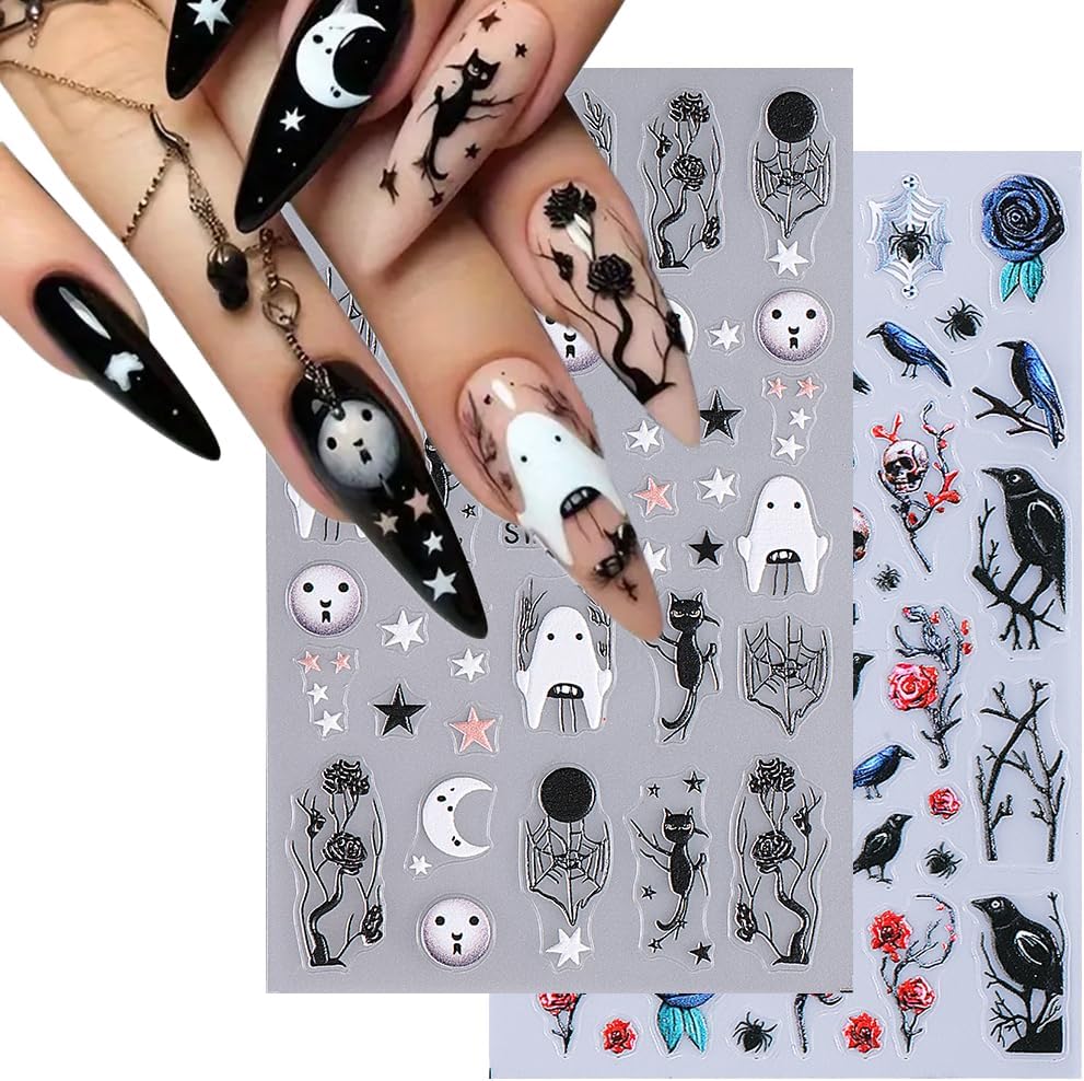 2Pcs Halloween 5D Nail Art Stickers - Black Red Roses Crow Skulls & Black Cats Nail Decals with Stars Design, Self-Adhesive Matte Finish for DIY Nail Decor, Punk Style Party Halloween Decorations