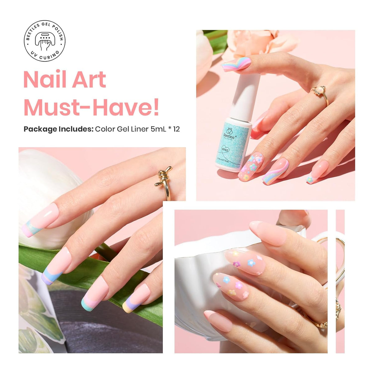 beetles Pink 12 Colors Nail Art Gel Liner, Summer Blue White Glitter Gel Nail Polish Painted Soak Off Uv Lamp Art Nails Red Yellow for Thin French Line Nails Manicure Gift for Women