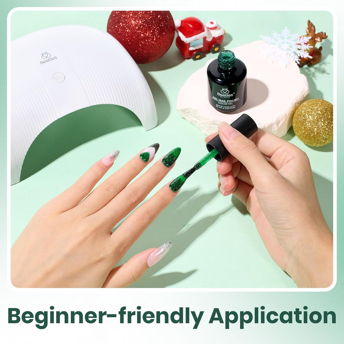 Beetles Christmas Green Gel Nail Polish – EverGleam Glitter Gel Polish, 15ml Soak Off UV LED Shimmer Emerald Green Nail Art Color, Long Lasting Glossy Manicurefor Salon and DIY Nail