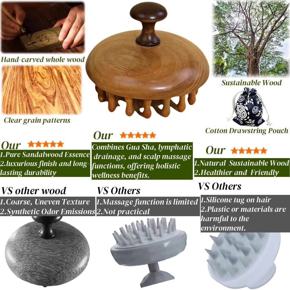 Sandalwood Scalp Massager | Manual Gua Sha Brush for Scalp Care & Relaxation | Portable Wooden Massager with Gift Pouch for Hair Growth & Stress Relief