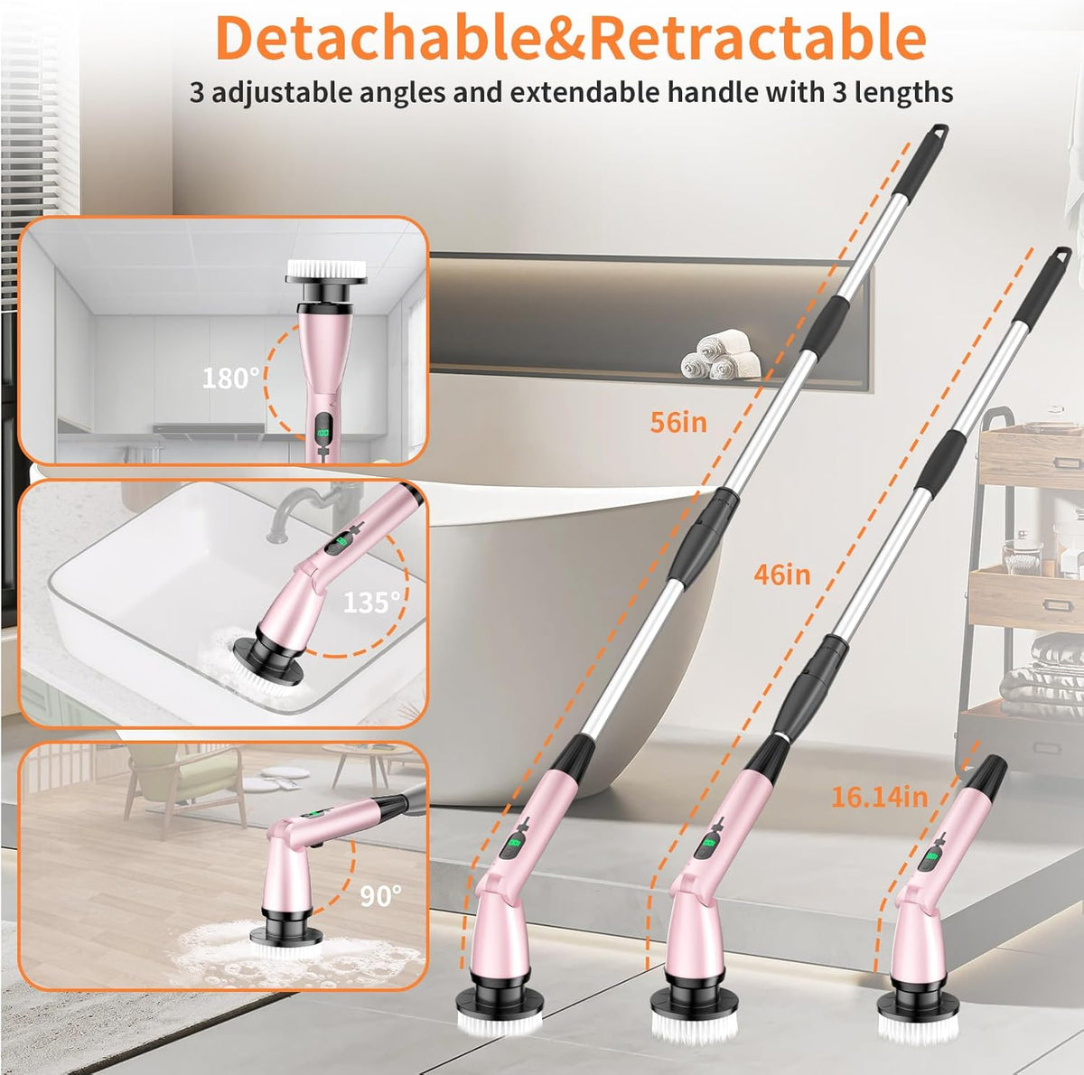 11 in 1 Electric Spin Scrubber Cordless Cleaning Brush 3 Adjustable Angles 2 Adjustable Speeds LED Display Shower Cleaner Brush Supplies Extension Long Handle for Bathroom Floor Tile Toilet Waterproof