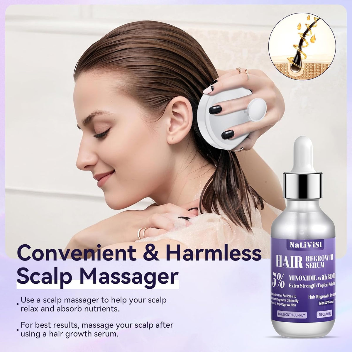 2 Pack 5% Minoxidil for Men Women Hair Growth Oil Regrowth Serum with Scalp Massager, Extra Strength Hair Loss Treatments Spray Foam, Beard Growth Kit - Hair Growth Products,